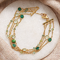 Gold-plated multi-gemstone strand bracelet, 'Green Symphony' - 18k Gold-Plated Multi-Gemstone Strand Bracelet from India