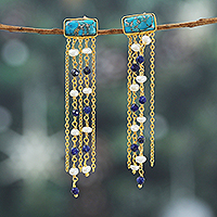 Pendientes cascada de lapislázuli y perlas cultivadas bañadas en oro, 'Cascade Splendor' - Pendientes cascada de lapislázuli y perlas bañadas en oro de 18k