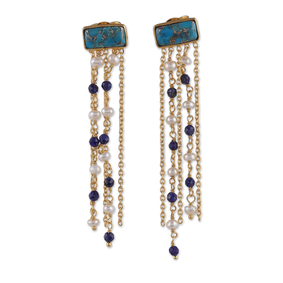 Pendientes cascada de lapislázuli y perlas cultivadas bañadas en oro - Pendientes Cascada De Lapislázuli Y Perlas Bañados En Oro De 18k