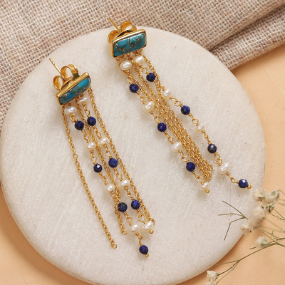 Pendientes cascada de lapislázuli y perlas cultivadas bañadas en oro - Pendientes Cascada De Lapislázuli Y Perlas Bañados En Oro De 18k