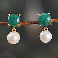 Gold-plated cultured pearl and beryl dangle earrings, 'Blissful Dreams'