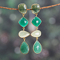 Gold-plated multi-gemstone dangle earrings, 'Green Quartet' - Gold-Plated Green 60-Carat Multi-Gemstone Dangle Earrings