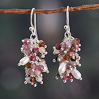 Tourmaline and cultured pearl cluster earrings, 'Fruits from the Creative'