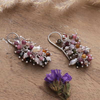 Tourmaline and cultured pearl cluster earrings, 'Fruits from the Creative' - Polished Tourmaline and Cultured Pearl Cluster Earrings