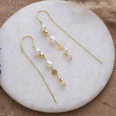 Gold-plated cultured pearl threader earrings, 'Pearly Dance' - 18k Gold-Plated Cream Cultured Pearl Threader Earrings