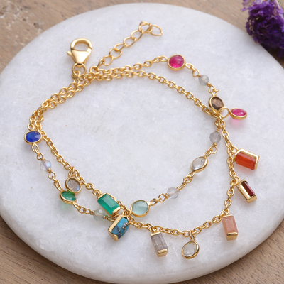 Gold-plated multi-gemstone charm strand bracelet, 'Golden Spells' - 18k Gold-Plated Multi-Gemstone Charm Strand Bracelet