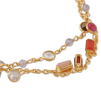 Gold-plated multi-gemstone charm strand bracelet, 'Golden Spells' - 18k Gold-Plated Multi-Gemstone Charm Strand Bracelet