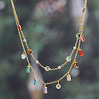 Gold-plated multi-gemstone charm strand necklace, 'Golden Spells'