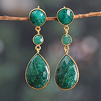 Gold-plated beryl and aventurine dangle earrings, 'Emerald Glam' - Gold-Plated 30-Carat Beryl and Aventurine Dangle Earrings