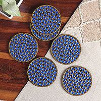 Beaded wood coasters, 'Royal Glitz' (set of 6) - Set of 6 Blue Beaded Wood and Resin Coasters from India