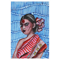 'Fisher Woman' - Signed Watercolor and Acrylic Painting of Bride and Fish Net