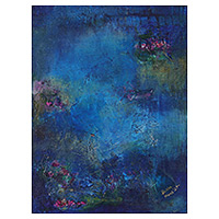 'Mystical Lily Pond' - Signed Blue-Toned Floral Acrylic Painting of Mystic Pond