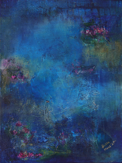 'Mystical Lily Pond' - Signed Blue-Toned Floral Acrylic Painting of Mystic Pond