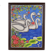Marble relief wall art, 'Delightful Ducks' - Classic Painted Marble Dust Relief Wall Art of Swan Lagoon