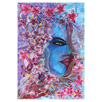 'Bloom and Flourish' - Pintura acrílica rosa y azul firmada de una mujer floreciente