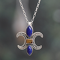 Lapis lazuli and citrine pendant necklace, 'Regal Lineage' - Classic Lapis Lazuli and Citrine Pendant Necklace from India