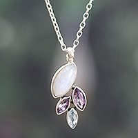 Multi-gemstone pendant necklace, 'Realm of Harmony' - Leafy Two-Carat Multi-Gemstone Pendant Necklace