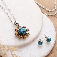 Citrine jewellery set, 'Solar Peace' - Sun-Themed Composite Turquoise and Citrine jewellery Set