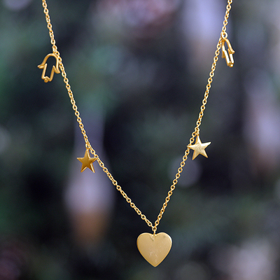 Gold-plated charm necklace, 'Lovely Dreams' - Heart, Star and Hamsa-Themed 22k Gold-Plated Charm Necklace