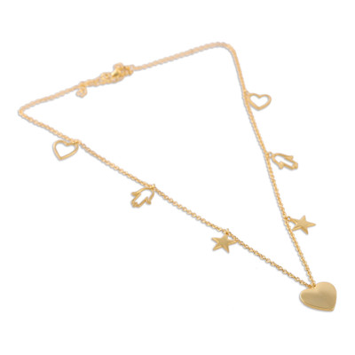 Gold-plated charm necklace, 'Lovely Dreams' - Heart, Star and Hamsa-Themed 22k Gold-Plated Charm Necklace