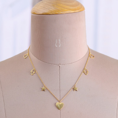 Gold-plated charm necklace, 'Lovely Dreams' - Heart, Star and Hamsa-Themed 22k Gold-Plated Charm Necklace