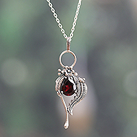 Garnet pendant necklace, 'Cinnabar Romance' - Leafy Faceted Two-Carat Garnet Pendant Necklace from India