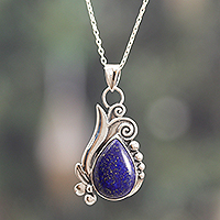 Lapis lazuli pendant necklace, 'Grand Blue' - Leafy Polished Sterling Silver Lapis Lazuli Pendant Necklace