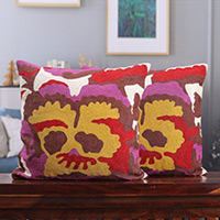 Cotton cushion covers, 'Bohemian Facet' (pair) - Embroidered Bohemian Cotton Cushion Covers (Pair)
