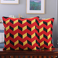 Cotton cushion covers, 'Zigzag Strawberry' (pair) - Zigzag-Patterned Strawberry Cotton Cushion Covers (Pair)