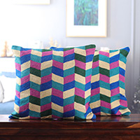 Cotton cushion covers, 'Zigzag Alabaster' (pair) - Zigzag-Patterned Alabaster Cotton Cushion Covers (Pair)