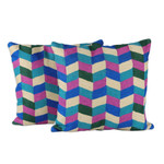 Cotton cushion covers, 'Zigzag Alabaster' (pair) - Zigzag-Patterned Alabaster Cotton Cushion Covers (Pair)