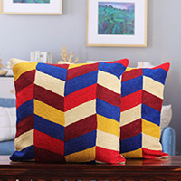 Cotton cushion covers, 'Dimensions of Boldness' (pair) - Pair of Patterned Blue, Red and Yellow Cotton Cushion Covers