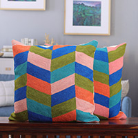 Cotton cushion covers, 'Dimensions of Harmony' (pair) - Pair of Patterned Green, Blue and Pink Cotton Cushion Covers