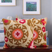 Cotton cushion covers, 'Harmonious Bloom' (pair) - Floral-Patterned Green and Red Cotton Cushion Covers (Pair)