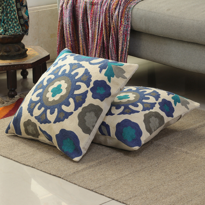 Cotton cushion covers, 'Celestial Bloom' (pair) - Floral-Patterned Blue and Grey Cotton Cushion Covers (Pair)
