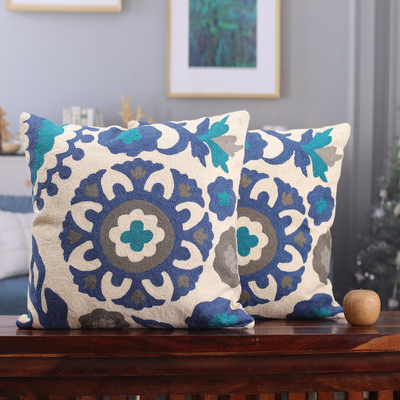 Cotton cushion covers, 'Celestial Bloom' (pair) - Floral-Patterned Blue and Grey Cotton Cushion Covers (Pair)