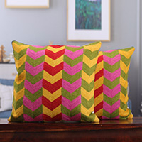 Cotton cushion covers, 'Geometric Balance' (pair) - Chevron-Patterned Multicolour Cotton Cushion Covers (Pair)