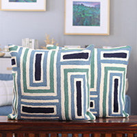 Cotton cushion covers, 'Serene Windows' (pair) - Geometric-Themed Blue and Green Cotton Cushion Covers (Pair)
