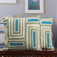 Cotton cushion covers, 'Harmonious Windows' (pair) - Geometric-Themed Green Cotton Cushion Covers (Pair)