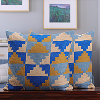 Cotton cushion covers, 'Oneiric Pyramids' (pair) - Pyramid-Themed Blue and Yellow Cotton Cushion Covers (Pair)