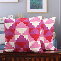 Cotton cushion covers, 'Sweet Pyramids' (pair) - Pyramid-Themed Pink and Red Cotton Cushion Covers (Pair)