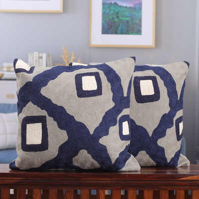 Cotton cushion covers, 'Creative Grey' (pair) - Abstract-Themed Navy and Grey Cotton Cushion Covers (Pair)