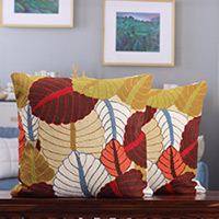 Cotton cushion covers, 'Vibrant Autumn' (pair) - Leafy-Patterned Multicolour Cotton Cushion Covers (Pair)