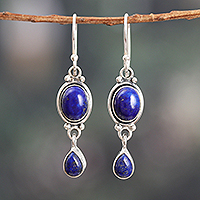 Onyx dangle earrings, 'Royal Mystery' - Polished Lapis Lazuli Cabochon Dangle Earrings from India