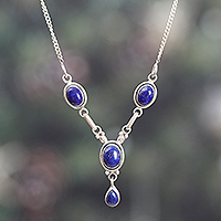 Lapis lazuli Y-necklace, 'Mystery in Blue' - Sterling Silver Y-Necklace with Four Lapis Lazuli Stones