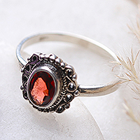 Garnet single stone ring, 'Lover's Memory' - Baroque-Inspired Natural One-Carat Garnet Single Stone Ring