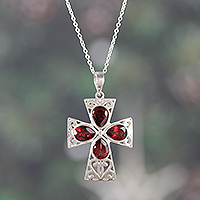 Garnet pendant necklace, 'Dazzling Cross' - Jali Openwork Sterling Silver Garnet Cross Pendant Necklace