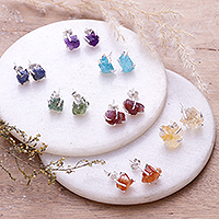 Gemstone stud and button earrings, 'Chakra Sparks' (set of 7) - Set of 7 Chakra-Inspired Gemstone Stud and Button Earrings