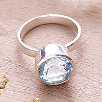 Blue topaz single stone ring, 'Majestic Heaven' - High-Polished Three-Carat Blue Topaz Single Stone Ring