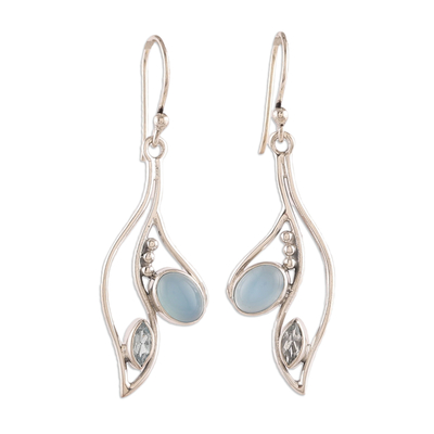 Chalcedony and blue topaz dangle earrings, 'Healing Harmony' - Leafy Chalcedony and Blue Topaz Dangle Earrings from India
